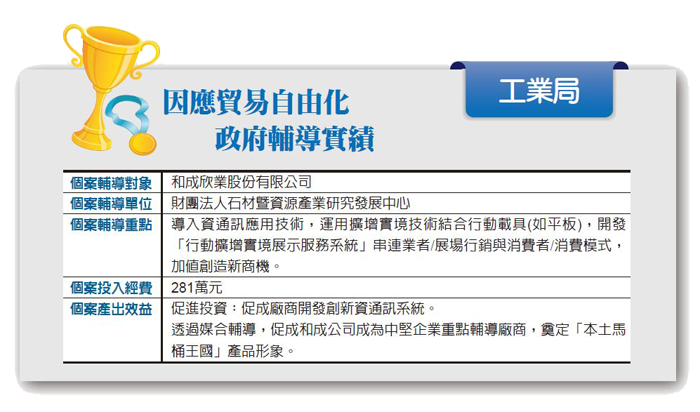 和成欣業股份有限公司，個案產出效益：促進投資，促成和成公司成為中堅企業重點輔導廠商，奠定本土馬桶王國之產品形象。